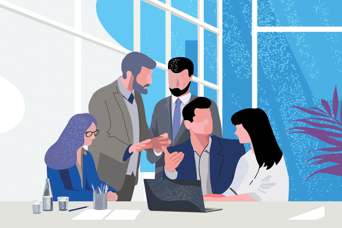 Photo of a digital marketing team discussing a project with a client