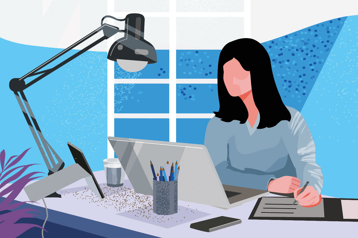 Illustration of a woman writing on a laptop and notepad