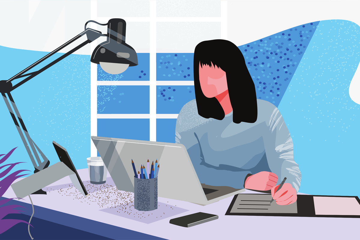 Illustration of a woman writing on a laptop and notepad
